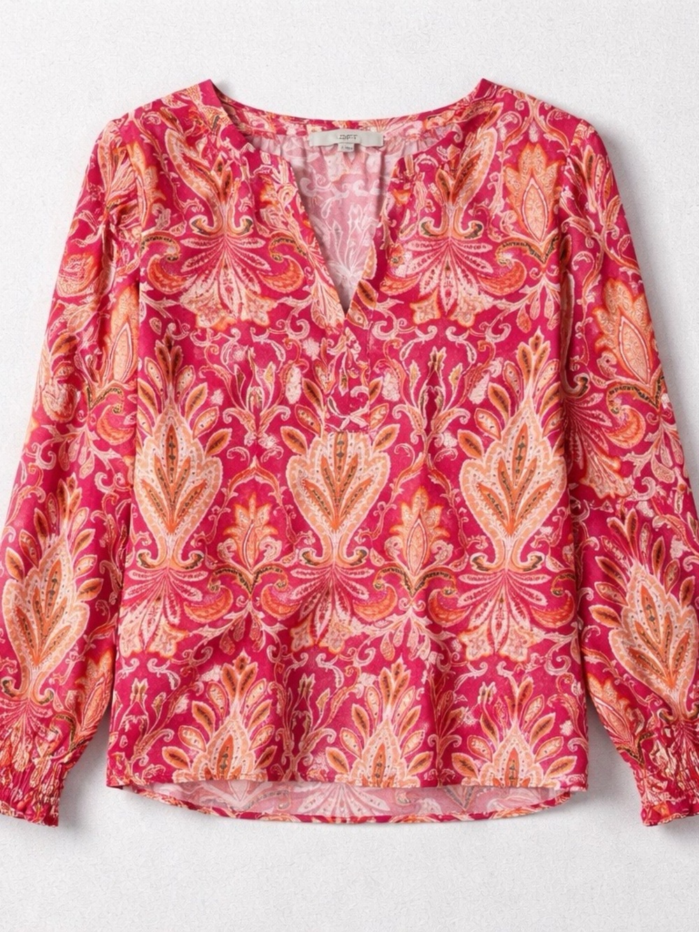 LOFT Pink and Peach Print V-Neck Blouse
